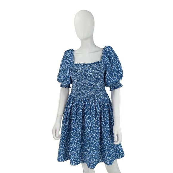 Hyacinth House NEW Blue Micro Floral Smocked Short Sleeve Mini Dress Size Small - Picture 2 of 7
